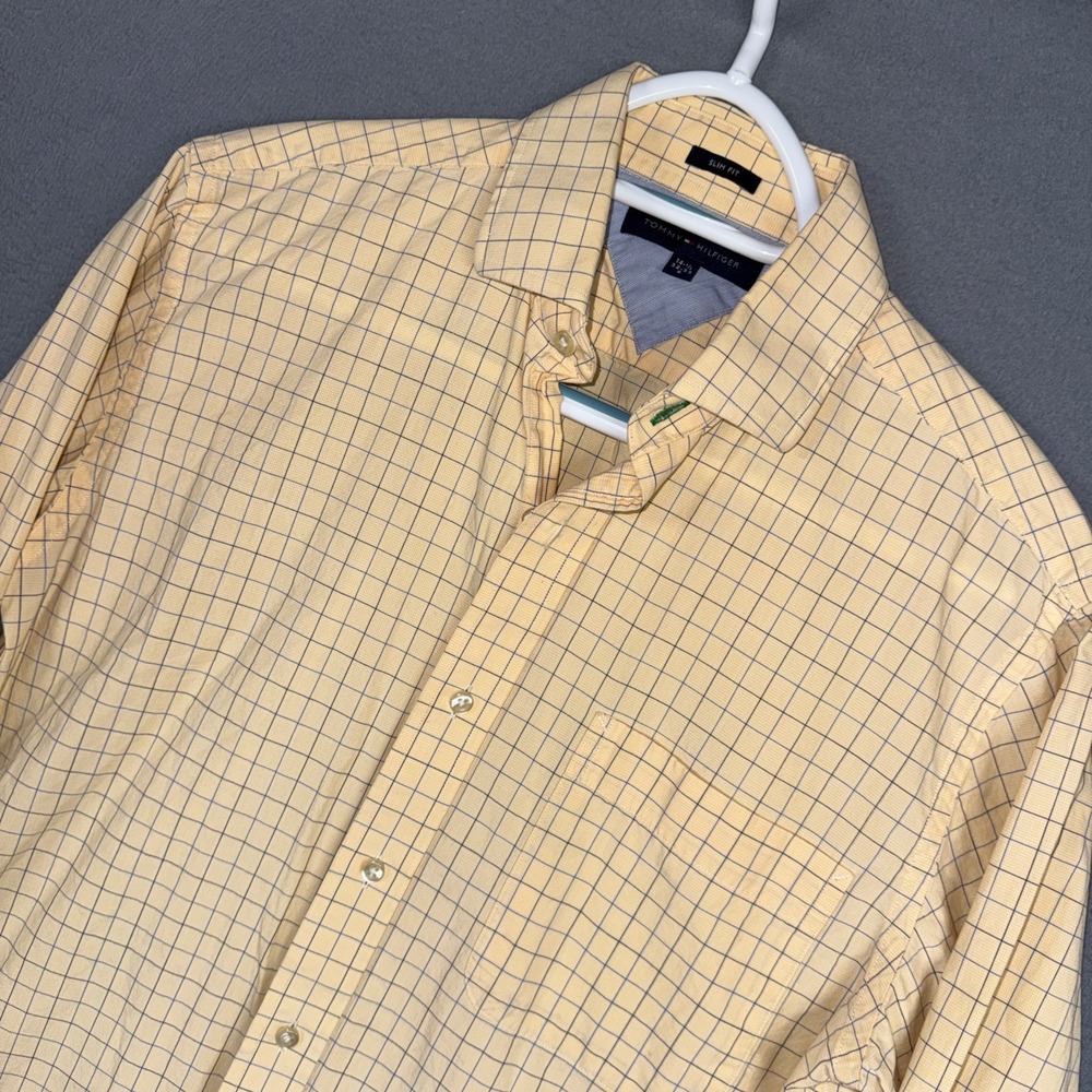 Tommy Hilfiger Shirt Mens Small Yellow Tattersall Slim Fit Long Sleeve Button
